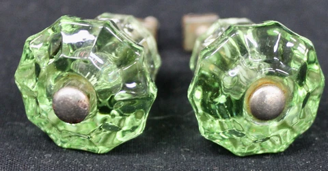 Original Vintage Set of 2 Green Depression Glass Drawer Knobs Cover