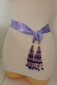 Women Fashion Belt Long Lavender Tie Fringe Beads Scarf Hip High Waist Size XS S - Picture 1 of 12