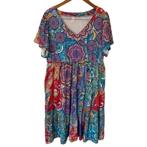 Pink Daisy Women's Colorful Print Tiered Dress Stretchy Sz Large Short Sleeves - Picture 1 of 7