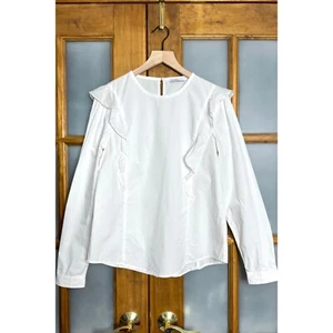 BLDWN Pia Ruffle Top Long Sleeve Shirt Cotton Crew Neck Optic White size Large - Picture 1 of 7