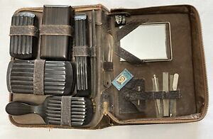 Vintage - 11 Piece Men’s Travel Grooming Kit - Zipper Brown Leather Case NICE