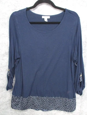 Charter Club Women's Top Flowy 0X Flowy Roll Tab Sleeve Polka Dot Stretch Blue - Image 1 of 4