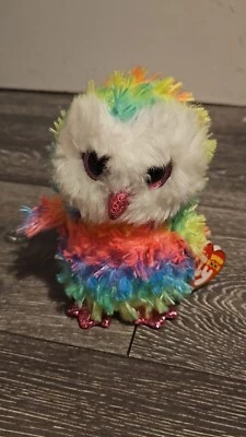 Ty Beanie Boos Owen Owl Rainbow Multicoloured Neon Pink Glitter 6 Inch Wtih Tags - Image 1 of 4
