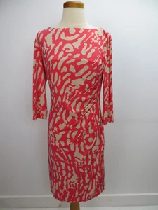 Eliza J Dress Size 8 Pink Beige Geometric 3/4 Sleeves Lined Ruching Pullover - Picture 1 of 6