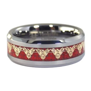 Gold Phoenix Tungsten Ring Mens Womens Red Carbon Fiber Firebird Band Sizes 5-17 - Picture 1 of 5
