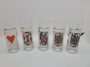 Vtg Set of 5 Playing Card Double Shot Glasses Shooters 2 Jacks Queen, King, Ace. - Picture 1 of 8