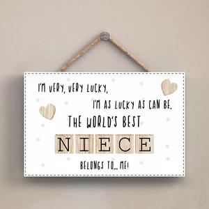 Niece Plaque The Worlds Best Niece Letters Tile Sign Gift Cream Natural Wood - Picture 1 of 5