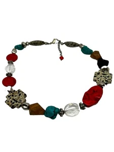 Necklace Chunky Stones and Beads 9 Inch ~Silver, Red & Turquoise - Picture 1 of 6