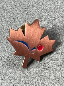 Small Copper Maple Leaf w Bouncing Red Ball Lapel or Hat Pin – 1 x 1 inches – VE - Picture 1 of 5