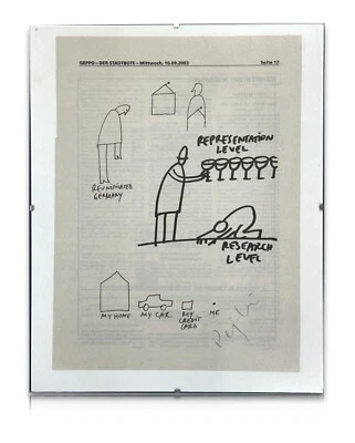 Dan Perjovschi - Print aus dem 'GEPPO'  mit Signatur 2003 - gerahmt hinter Glas - Bild 1 von 4