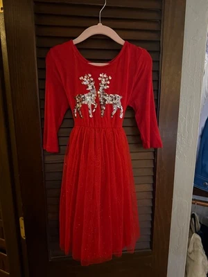 Justice Girls Red Christmas Dress Size 6 Sequin Reindeer Tulle Skirt Holiday Par - Image 1 of 4