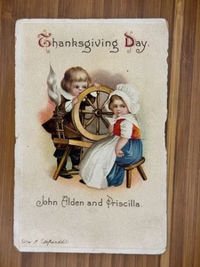Clapsaddle Thanksgiving Postcard, John Alden and Priscilla, Spinning Wheel, 1915 - Picture 1 of 2