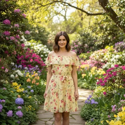 LRL Ralph Lauren цветочный гофрированный хлопок платье женщин 8 желтый марля с плеча - Изображение 1 из 4