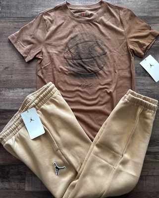 NWT Nike Air Jordan Boy YLG Tan/Brown/Black BASKETBALL Sweat Pants Set Large - Image 1 of 4
