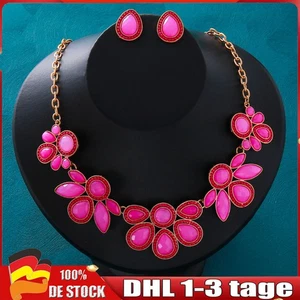 Damen Exquisite Halskette Rosa Modeschmuck Halskette Ohrring Set Kleid Party - Bild 1 von 7