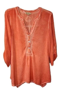 Blusa Democracy Women S Naranja 1/2 Botón Pestaña Enrollable Manga Bordada De Gran Tamaño - Imagen 1 de 8