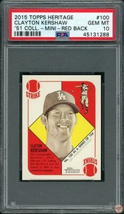 2015 TOPPS HERITAGE ’51 COLLECTION MINI RED BACK CLAYTON KERSHAW #100 PSA 10