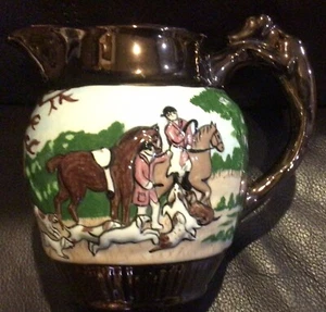 Fox Hunt Hunting Small Bronze Lusterware Multicolored Hound Handle Jug - Picture 1 of 6