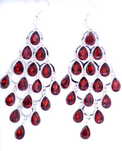10.8cm long silver tone red crystal drop chandelier earrings