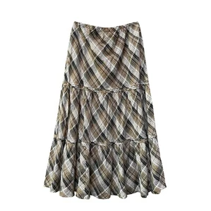 NWT 14/16 Brown Plaid Midi Skirt Summer Fall 90s Grunge Punk Goth Boho Peasant - Picture 1 of 9