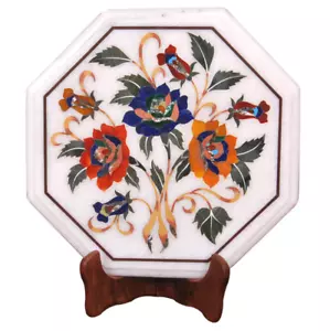 100% Genuine Stone I Floral Inlay Craft White Marble Side Table Top / Pietra Dur - Picture 1 of 13