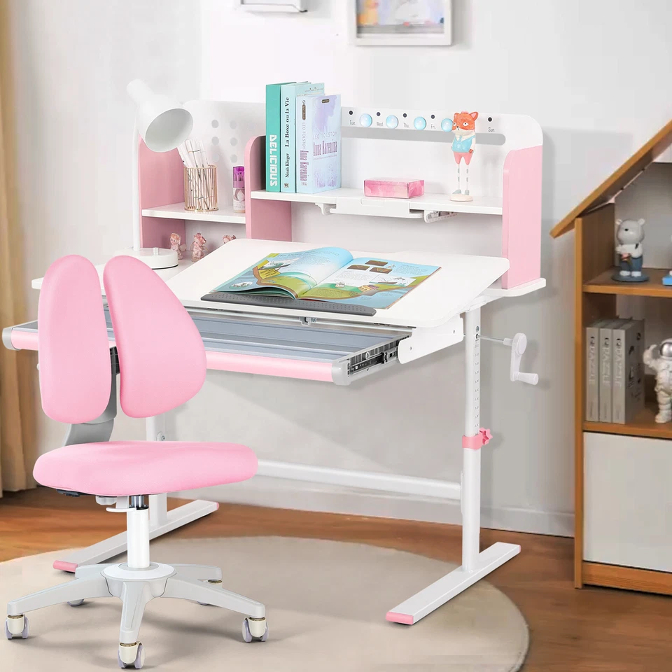 Juego de sillas de escritorio de estudio para niños ajustable en altura rosa mesa de dibujo con cajón, estante  Foto 1 de 4