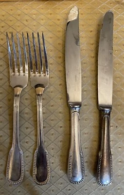 Talheres ERCUIS PERLES placa de prata 2 facas 9,75” 2 garfos 8,25” França - Imagem 1 de 4