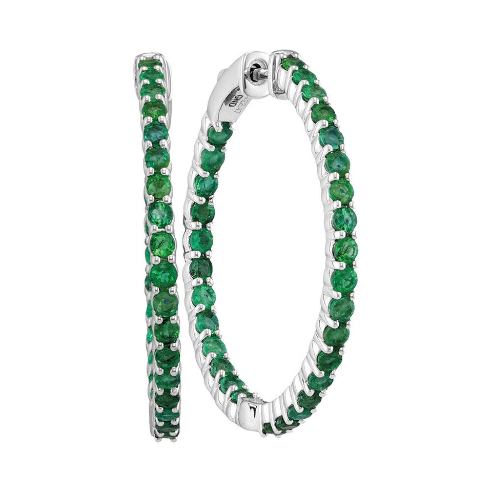 14kt White Gold Womens Round Emerald Inside Outside Hoop Earrings 2-1/2 Cttw - Image 1 of 1