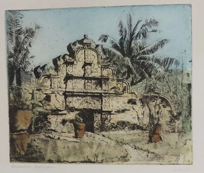 Marie Louise Poschacher, Java, Schlossruine, Farbradierung, Indonesien, um 1920 - Bild 1 von 4