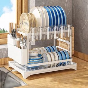 2 Tier Dish Bowl Drainer Storage Rack Bowls Chopsticks Spoons Organizer (White) - Picture 1 of 8