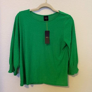 W5 Anthropologie Women’s Blouse Kelly Green Swiss Dot 3/4 Sleeve Bell Top NWT - Picture 1 of 5
