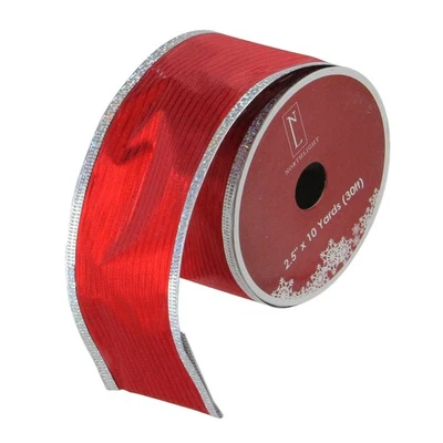 Northlight 12 Shimmery Red Silver Horizontal Wired Christmas Ribbon Spool - 2.5" - Image 1 of 3