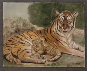 Pintura original vintage al óleo sobre lienzo tigre de Bengala y cachorro 28” X 22” kitsch - Imagen 1 de 12