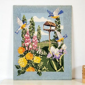 Vintage Nadelspitze blau Vogel Vogelhaus Frühling Blumen Candamar fertig 13" x 17" - Bild 1 von 22