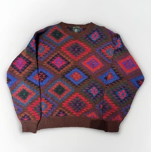 Vtg Club Room 100% Pure Wool Sweater M Argyle Brown Men’s Hand Knitted - Picture 1 of 7