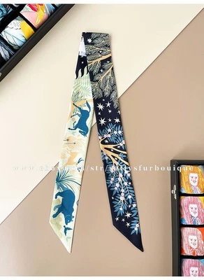 Sallys Boutique 18 Momme Twill Silk Scarf Ribbon Jungle Animal Hair Bag Necktie - Image 1 of 4