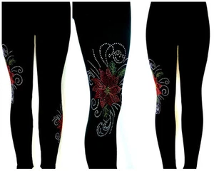 Plus One Size Yoga Style Leggings Rhinestone Christmas Red Poinsettia Swirl - Picture 1 of 3