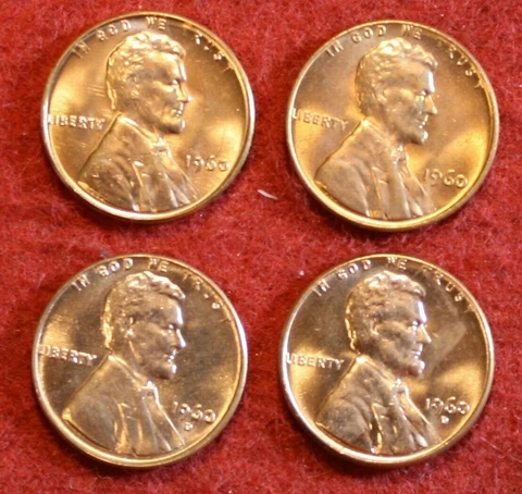 1960-P&D Large & Small Date  Lincoln memorial cent penny UNC 4 copper coins Cover
