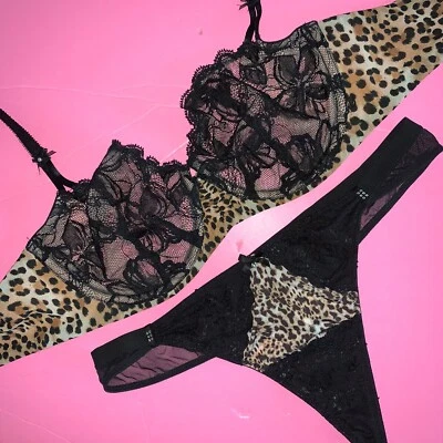 Victoria's Secret unlined 36C BRA SET M thong BEIGE black ANIMAL PRINT cheetah - Image 1 of 3