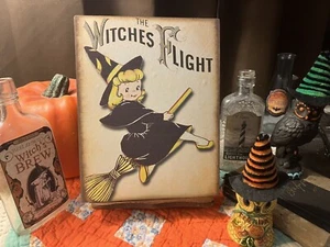 Witches Flight Retro Halloween Little Witch Girl Handcrafted Flat Canvas Sign - Picture 1 of 3