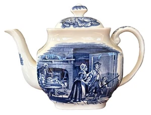Staffordshire LIBERTY BLUE Historic Colonial Scenes Men Teapot Blue & White - Picture 1 of 23