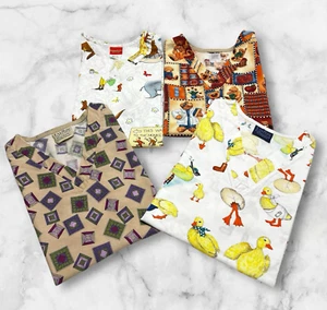 Vintage Scrub Tops Lot of 4 Size L Pockets Chicks Geometric Bears Curious George - Picture 1 of 11