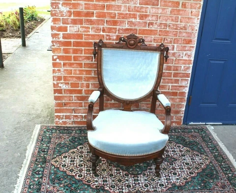 American Antique Eastlake Mahogany Wood Armchair ~ New Upholstery ~ Baby Blue ~ Cover