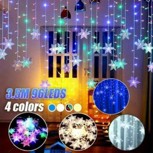 Christmas 96 LED Curtain Window Snowflake String Fairy Lights Waterproof Decor - Picture 1 of 23