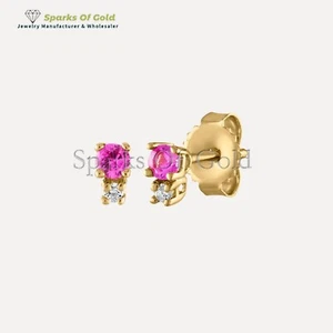 Pink Sapphire Diamond Tiny Stud Earrings 14K Yellow Gold Party Wear Studs Jewelr - Picture 1 of 4