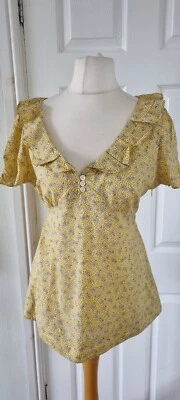 Laura Ashley Lemon Floral 100%cotton Short Sleeve Blouse Uk 14  Holiday Cruise  - Image 1 of 4