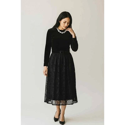 Vintage Susan Bennett Black Velvet Lace Midi Dress Bow Belt Korea Size 10 Lined - image 1 of 4