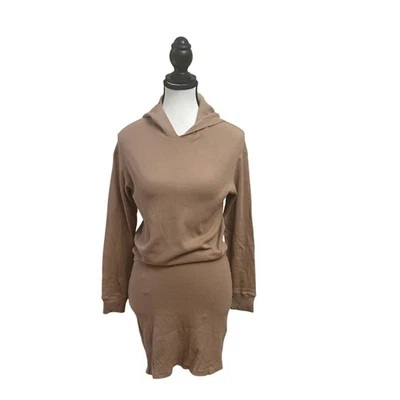 MONROW 女式华夫格针织长袖连帽连衣裙休闲小号米色 — 第 1/4 张图片