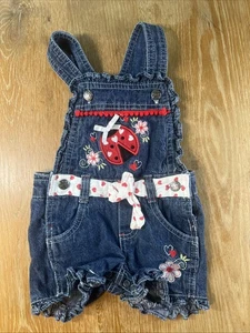 Vintage Y2K 90’s Girls 12M Denim Overall Shorts Ladybug Embroidered Jean Bibs - Picture 1 of 6