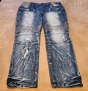 Makobi Jeans Mens (42x32) Blue Biker Acid Distressed - Pristine Condition sz 42 - Picture 1 of 9
